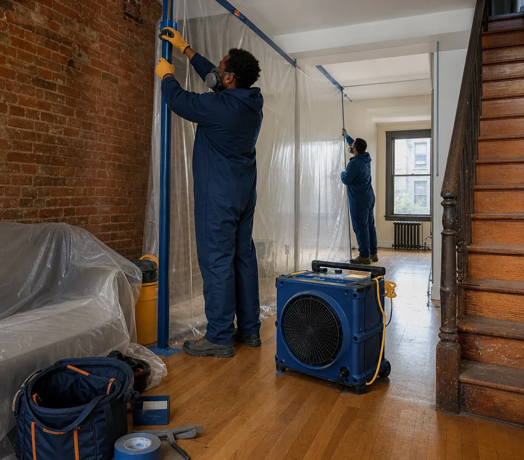 Technicians in protective gear setting up containment and a HEPA air scrubber inside a Baltimore rowhome