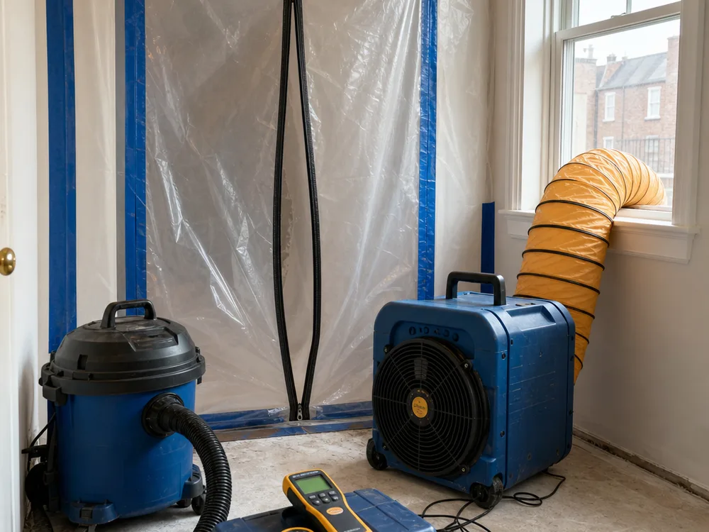 Plastic containment doorway with negative air equipment, moisture meter, and HEPA vacuum