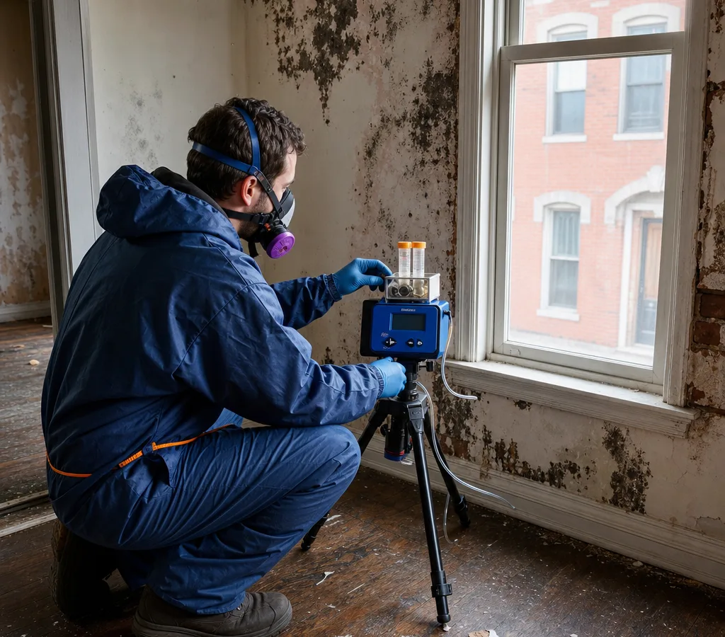 Inspector in protective gear collecting an air sample inside a Baltimore rowhome with a calibrated pump and sampling cassettes