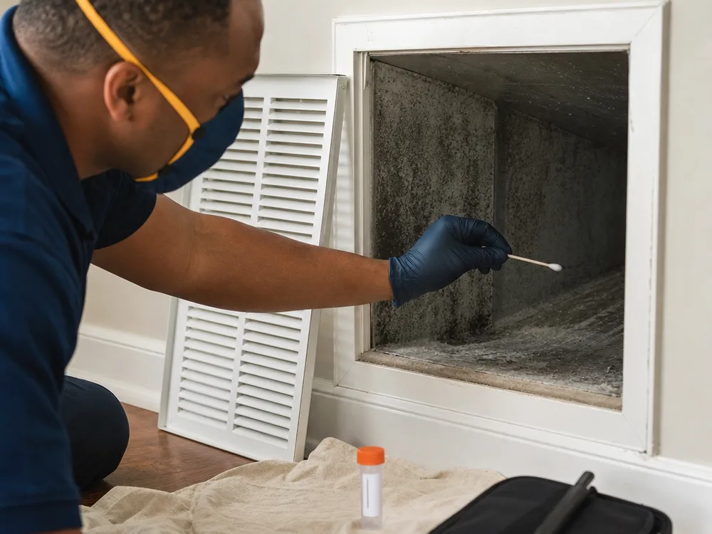 Technician taking a swab sample from inside an HVAC return grille with a labeled sample tube nearby