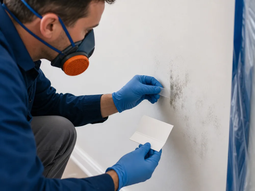 Technician wearing gloves taking a tape-lift sample from a discolored area of drywall
