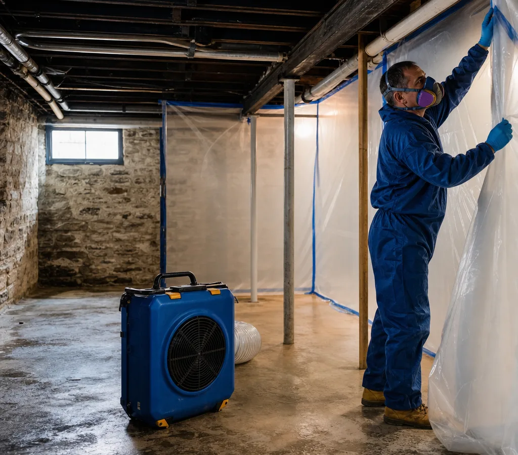 Technician in protective gear setting up containment plastic and a HEPA air scrubber in a Baltimore rowhome basement