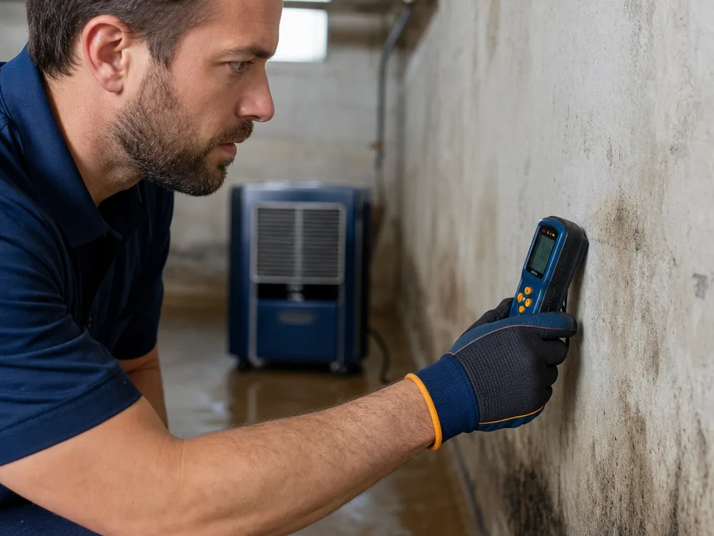 Moisture meter reading on a water-stained basement wall with a dehumidifier operating nearby