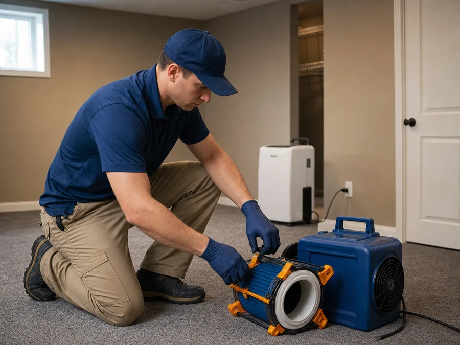Technician setting an air pump and sampling cassette in a finished basement with a dehumidifier nearby