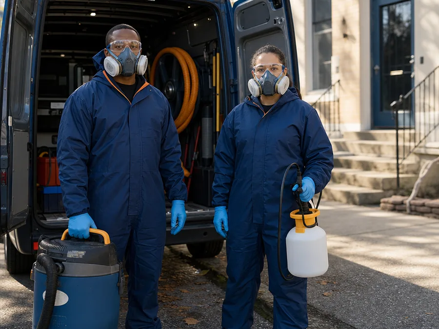 Two-person remediation crew with PPE, a HEPA vacuum, and sprayer beside their work van